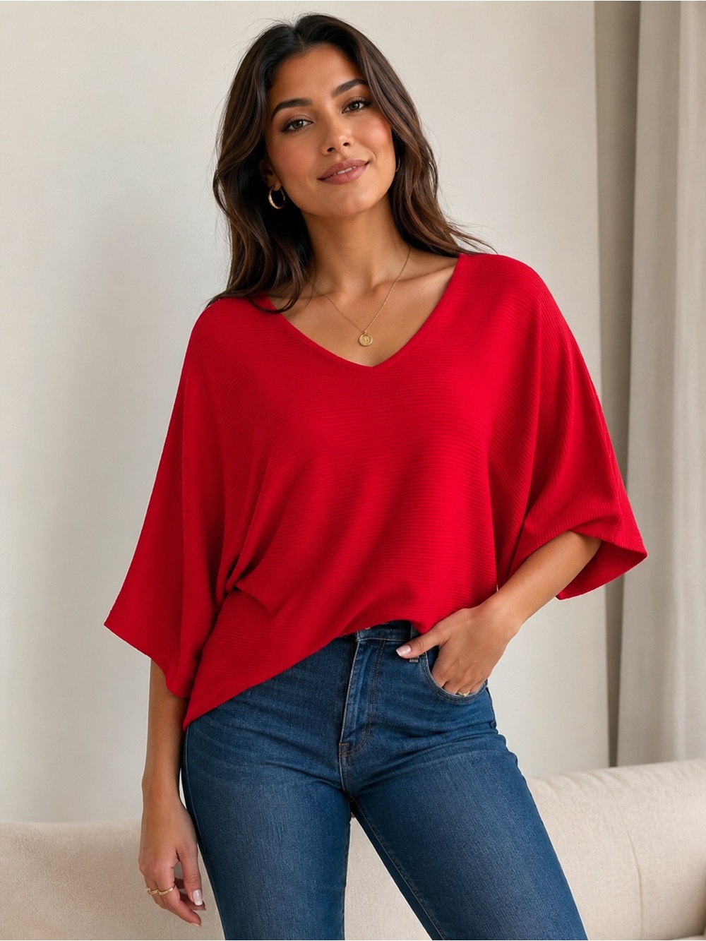 Dynamite V-Neck Dolman Top in Red